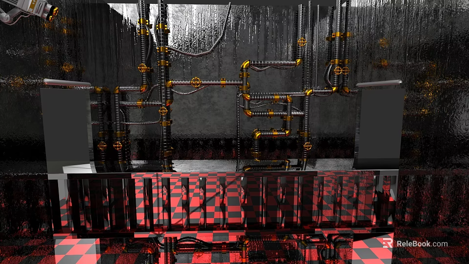 Electric Toys Display in Industrial Setting with Metal Pipes Red Black Checkered Floor 3d model 