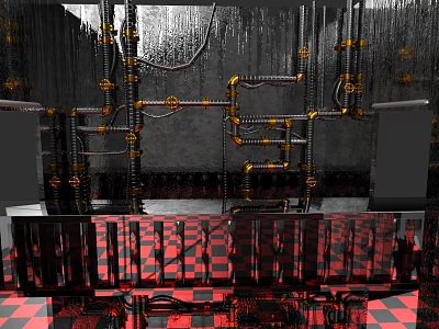 Electric Toys Display in Industrial Setting with Metal Pipes Red Black Checkered Floor 3d model