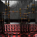 Electric Toys Display in Industrial Setting with Metal Pipes Red Black Checkered Floor