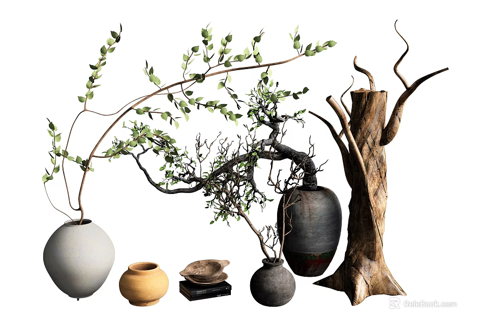 Various Shaped Vases With Green Plant Branches And Wooden Decor Accents 3d model 