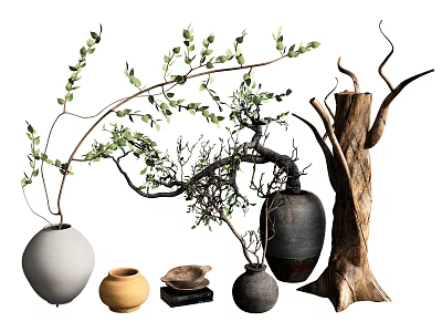 Various Shaped Vases With Green Plant Branches And Wooden Decor Accents 3d model