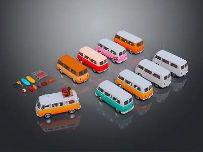 Colorful Vintage Bus Models Collection With Various Colors And Small Details 3d model