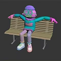 Cartoon Character in Colorful Outfit Sitting on Wooden Bench with Purple Head and Glasses