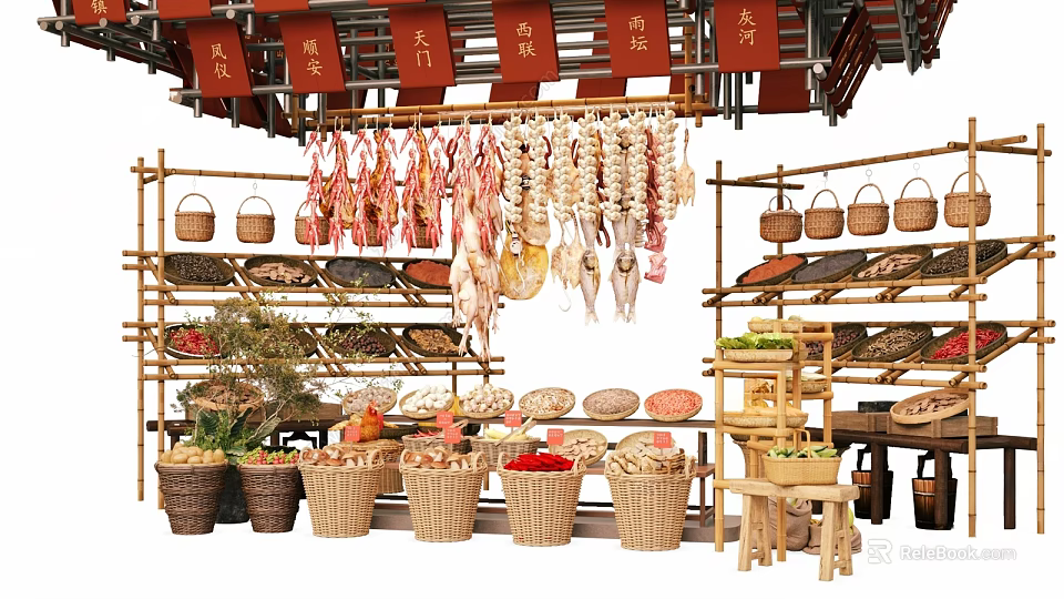 Rustic Ornamental Decoration Set with Hanging Dried Goods Bamboo Shelves Baskets and Plants 3d model 