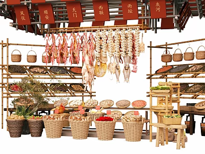 Rustic Ornamental Decoration Set with Hanging Dried Goods Bamboo Shelves Baskets and Plants 3d model