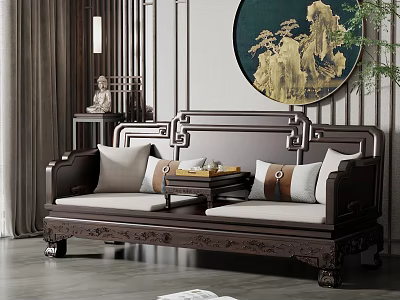 Traditional Chinese Luohan Bed With Dark Wood Frame Beige Cushions And Round Landscape Painting 3d model