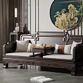 Traditional Chinese Luohan Bed With Dark Wood Frame Beige Cushions And Round Landscape Painting