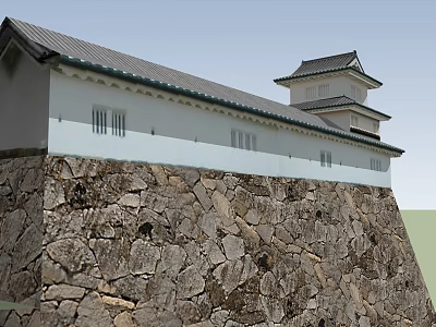 Ancient Architecture Featuring White Walls Dark Roof And Multi Story Tower With Stone Masonry Base 3d model