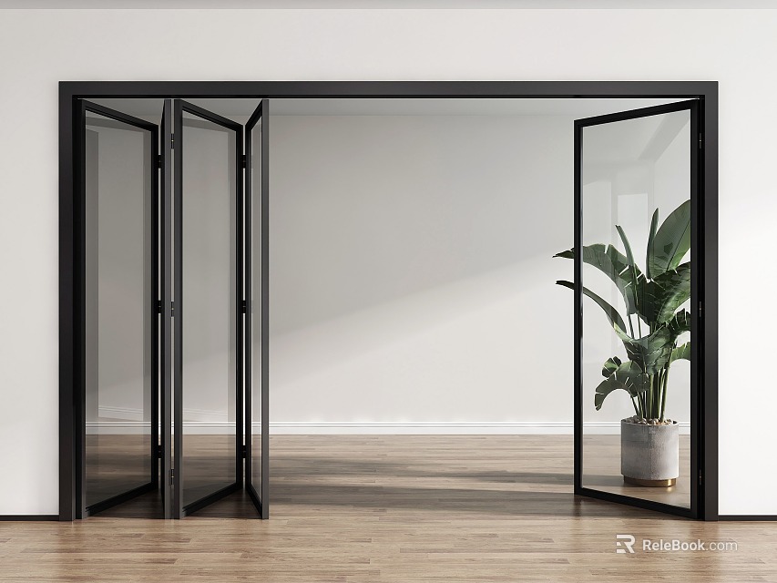 Open Black Frame Glass Folding Doors With White Wall Wooden Floor And Green Plant 3d model 
