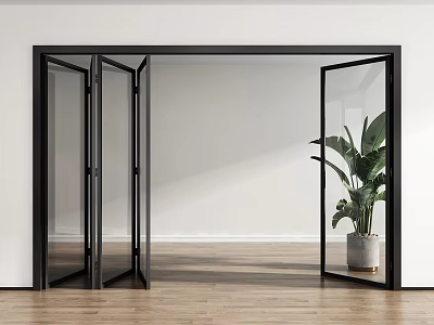 Open Black Frame Glass Folding Doors With White Wall Wooden Floor And Green Plant 3d model