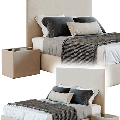 Stylish Double Bed With Beige Headboard Gray Beige Pillows Knitted Blanket And Beige Nightstand 3d model