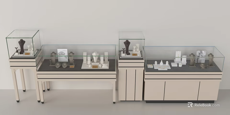 Modern Glass Display Cabinets and Shelves Showcasing Decorative Collectibles in Exhibition Setting 3d model 