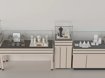 Modern Glass Display Cabinets and Shelves Showcasing Decorative Collectibles in Exhibition Setting 3d model