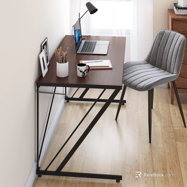 Stylish Work Desk With Wooden Top Black Metal Frame Laptop Coffee Mug And Grey Chair 3d model 
