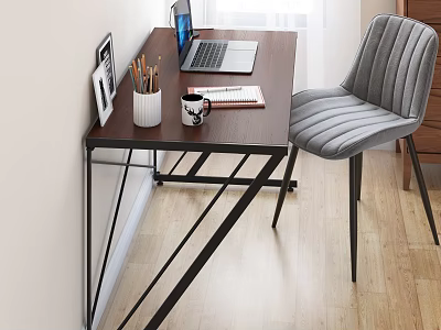 Stylish Work Desk With Wooden Top Black Metal Frame Laptop Coffee Mug And Grey Chair 3d model