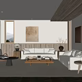 Modern Living Room Interior With Wooden Ceiling White Sofas Large Window And Coffee Table 3d model