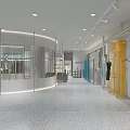 Modern Open Space Clothing Store With Silver Racks Mannequins Display Shelves Blue Columns Terrazzo Flooring