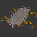 Yellow Robotic Arms Working On Industrial Platform With Guardrail And Tracks