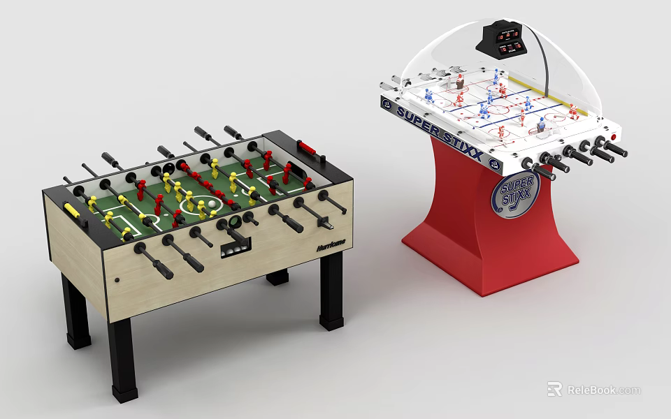 Fun Recreational Equipment Featuring Wooden Table Football And Air Hockey Table With Red Base Scorer 3d model 