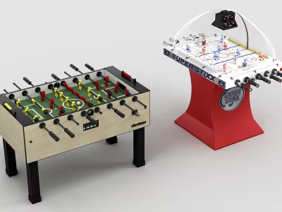 Fun Recreational Equipment Featuring Wooden Table Football And Air Hockey Table With Red Base Scorer 3d model