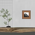 Ornamental Decor Combination With Green Plant Framed Painting And Wooden Log On Grid Wall