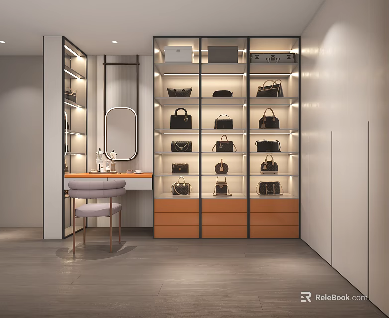 Illuminated Display Cabinet With Handbags And Mirror In Modern Interior With Stool 3d model 