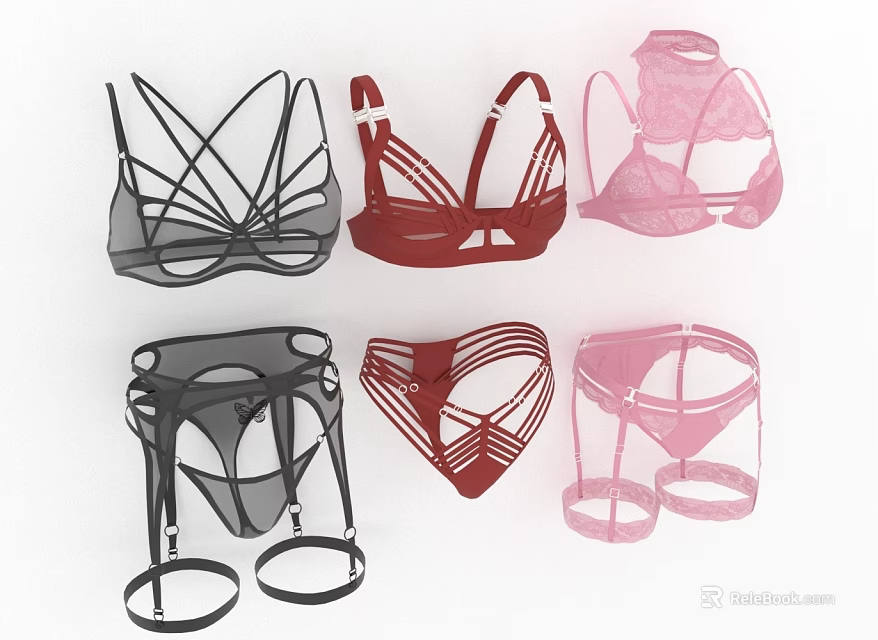 Stylish Black Red Pink Lingerie Collection With Strappy Bras And Lace Panties 3d model 