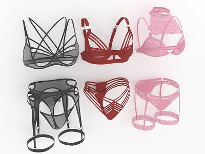 Stylish Black Red Pink Lingerie Collection With Strappy Bras And Lace Panties 3d model