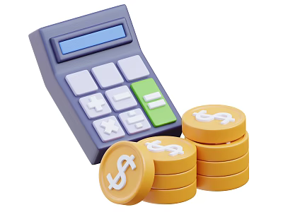 Essential Daily Living Supplies Digital Calculator And Stacks Of Coins With Dollar Symbols 3d model