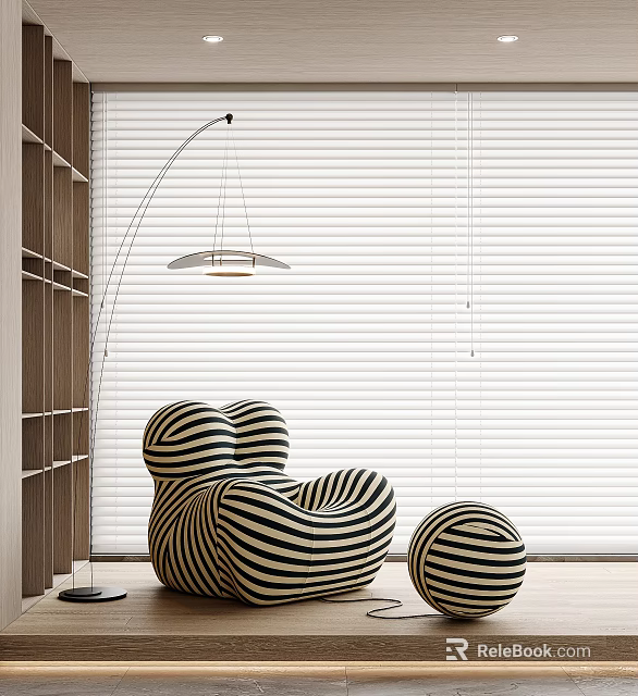 Modern Black and White Striped Accent Chair With Ottoman Floor Lamp Blinds and Wooden Bookshelf 3d model 