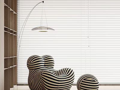 Modern Black and White Striped Accent Chair With Ottoman Floor Lamp Blinds and Wooden Bookshelf 3d model
