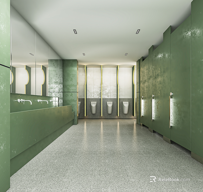 Public Restroom Modern Interior With Green Walls Stalls Gray Floor Sink Counter And Mirrors 3d model 