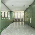 Public Restroom Modern Interior With Green Walls Stalls Gray Floor Sink Counter And Mirrors