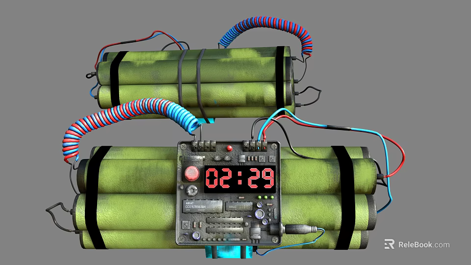 Green Military Bombs With Digital Timer Colorful Wires And Strapped Casing Design 3d model 