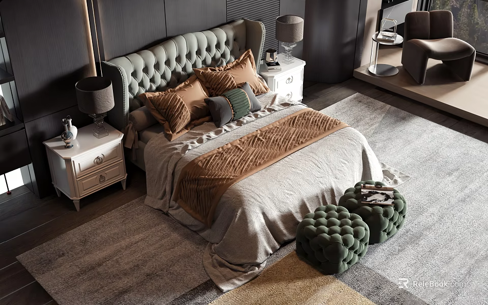 Elegant Double Bed With Tufted Headboard Multiple Pillows Blanket Nightstands And Table Lamps 3d model