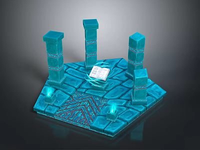 Enchanting Blue Platform Landscape With Five Pillars Patterned Floor And Glowing Lights 3d model