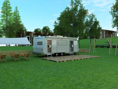 Silver Camper Van On Wooden Platform In Green Grassland With Trees Tent And Outdoor Chairs 3d model