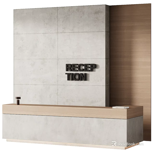 Reception Background Wall Interior Design Gray Stone Surface Wooden Counter Black Lettering 3d model 