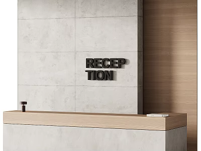 Reception Background Wall Interior Design Gray Stone Surface Wooden Counter Black Lettering 3d model