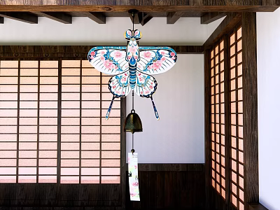 Traditional Japanese Butterfly Wind Chime Pendant With Colorful Floral Patterns Hanging In Wooden Interior 3d model