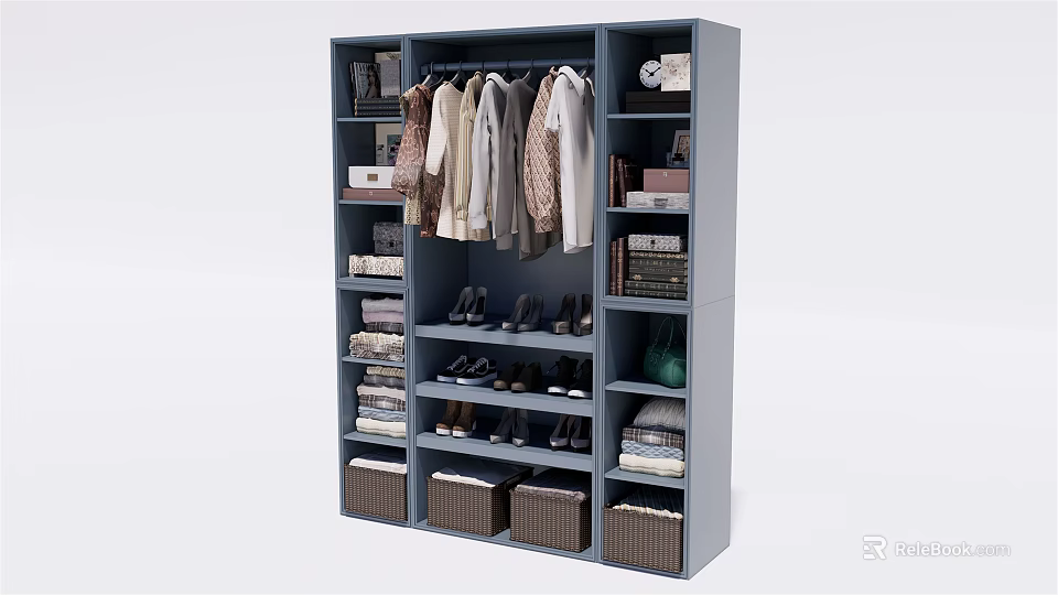 Practical Blue Wardrobe Featuring Hanging Clothes Shoes Storage Folded Clothes And Multiple Shelves 3d model