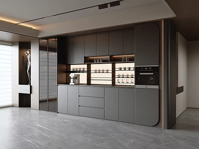 Modern Sideboard Cabinet With Gray Cabinets Glass Doors Built-in Lighting And Coffee Machine 3d model