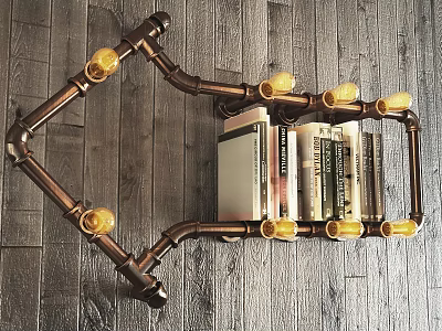 Industrial Style Copper Pipe Wall Sconce With Vintage Bulbs And Books On Wooden Wall 3d model