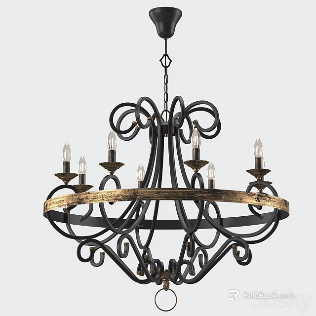 Ornate Black Iron Chandelier With Golden Ring And Candle Style Arms 3d model 