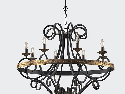 Ornate Black Iron Chandelier With Golden Ring And Candle Style Arms 3d model