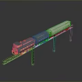 Model Train With Blue And White Carriages On Elevated Green Pillar Track Dark Background