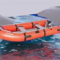 Red Caribo Inflatable Boat With Black Straps Floating On Water Near Mountains
