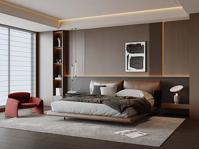 Modern Bedroom Interior With Wooden Walls Floor-to-Ceiling Windows Minimalist Bed Red Armchair And Wall Art 3d model