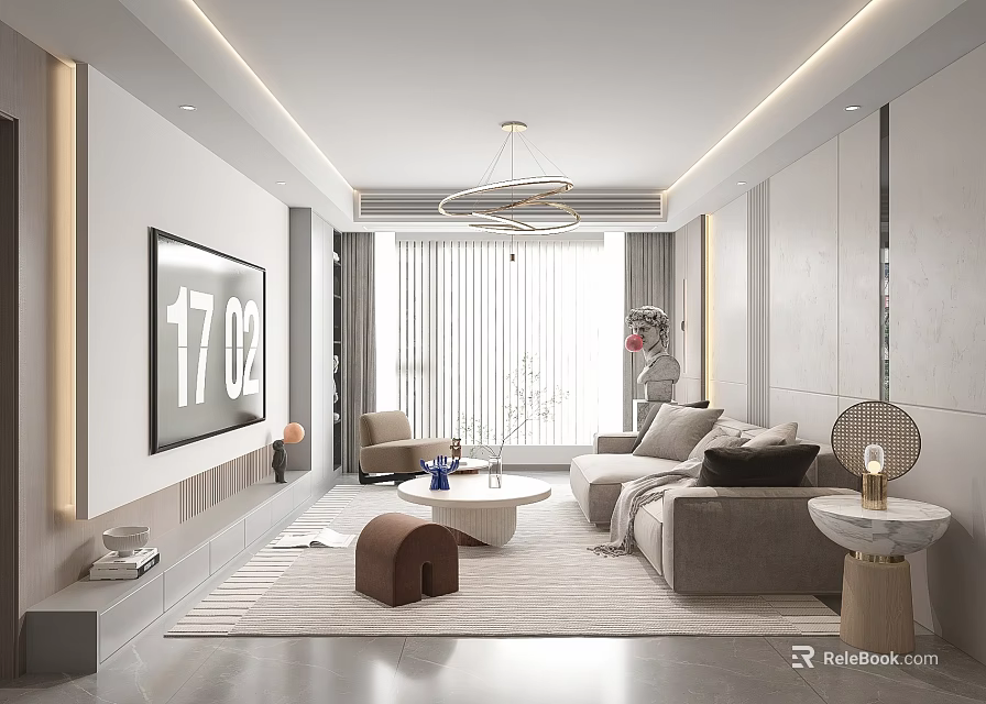 Modern Living Room Interior With Large TV Beige Sofa Round Coffee Table And Chandelier 3d model 
