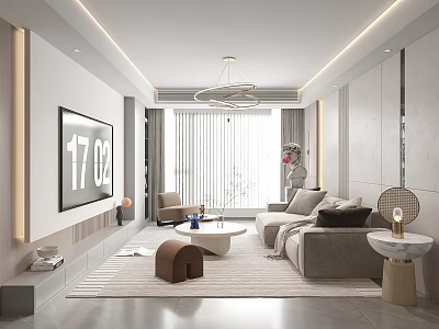 Modern Living Room Interior With Large TV Beige Sofa Round Coffee Table And Chandelier 3d model